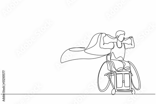 Single continuous line drawing young amputee man with body injuries raising flag. Disability athlete sitting on racing wheelchair, disabled sportsman. One line draw graphic design vector illustration