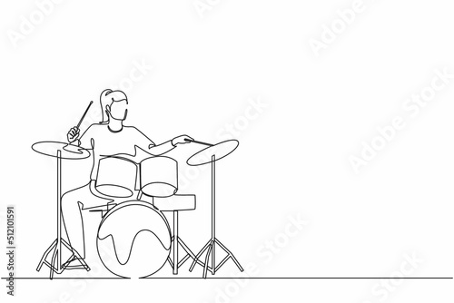 Single one line drawing female musician, jazz, rock and roll playing drum instruments, percussion. Music festival, pop concert, wedding party performance. Continuous line draw design graphic vector