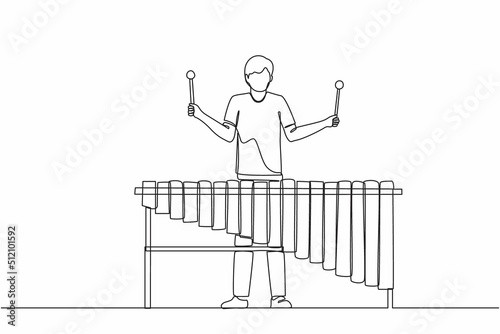 Continuous one line drawing man percussion player play marimba. Young male musician playing traditional Mexican marimba instrument at music festival. Single line design vector graphic illustration