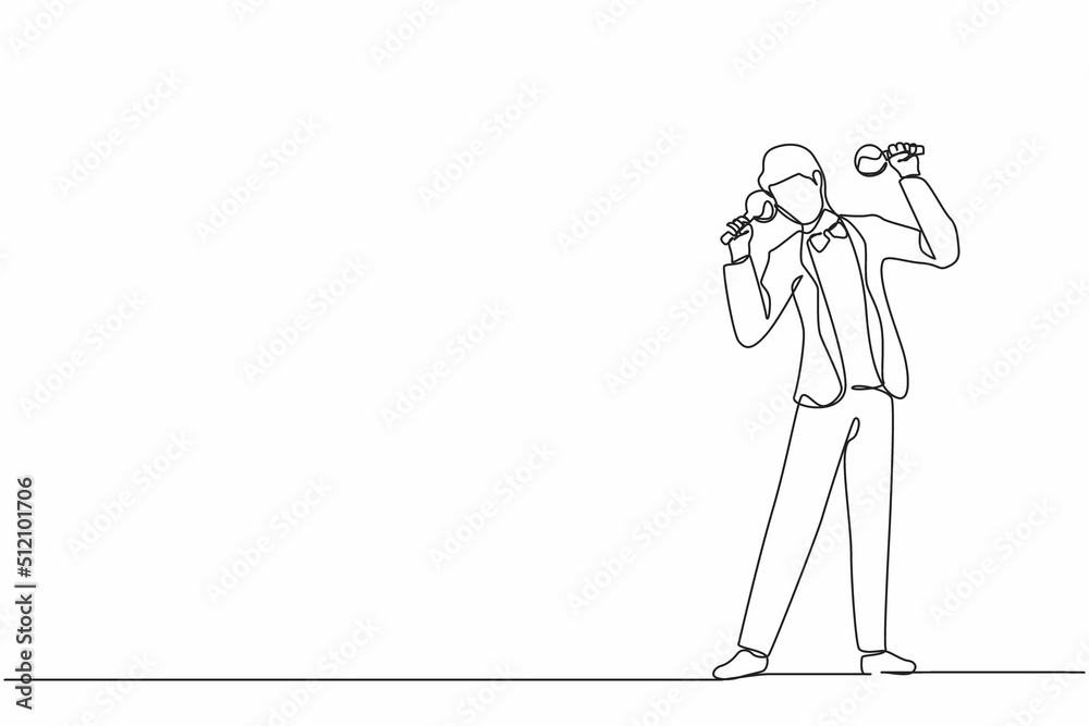 Continuous one line drawing man street band player mariachi plays maracas. Male performer with maracas musical instruments, mariachi player at national festival. Single line draw design vector graphic