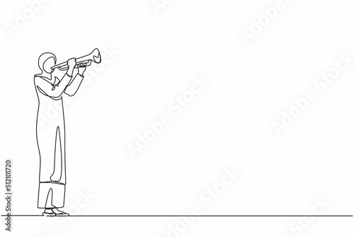 Single continuous line drawing Arab woman playing trumpet. Music instrumental. Jazz musician playing trumpet instrument. Trumpet player. Orchestra performer. Music performance. One line design vector