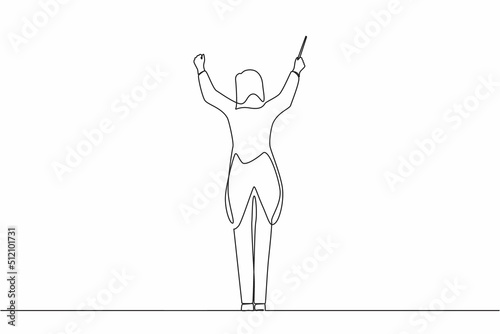 Single continuous line drawing back view woman conductor performing on stage, female musician in tuxedo directing classic instrumental symphony orchestra. One line graphic design vector illustration photo
