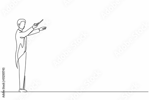 Single one line drawing man music conductor. Male musician perform on stage directing symphony orchestra. Classical music performance, instrumental ensemble. Continuous line draw design graphic vector photo