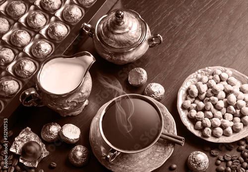 Sweets on the background of coffee still life