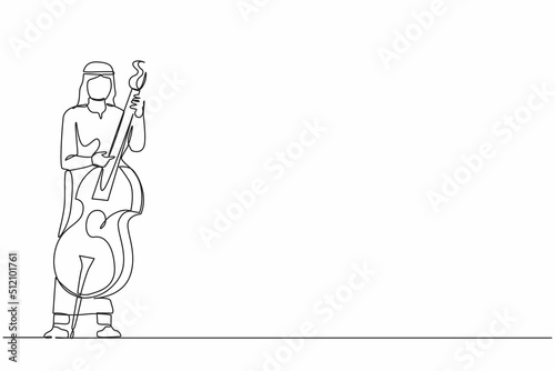 Continuous one line drawing double bass player standing with big string instrument. Arab man musician playing classical music with fingers. Professional contrabassist. Single line draw design vector