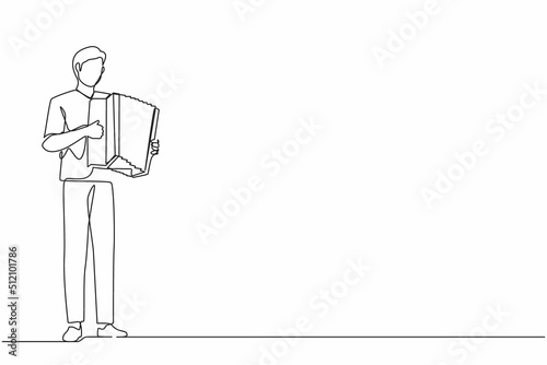 Single one line drawing man musician playing accordion. Male performer plays acoustic musical instrument. Accordionist perform playing music instrument. Continuous line draw design vector illustration