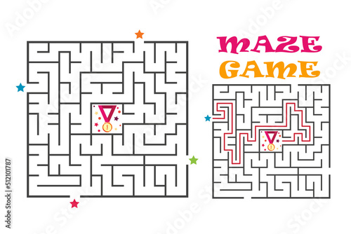 Square maze labyrinth game for kids. Labyrinth logic conundrum with medal. Four entrance and one right way to go. Vector flat illustration