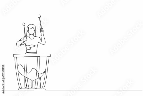 Continuous one line drawing female percussion player play on timpani. Woman performer holding stick and playing musical instrument. Musical instrument timpani. Single line draw design vector graphic