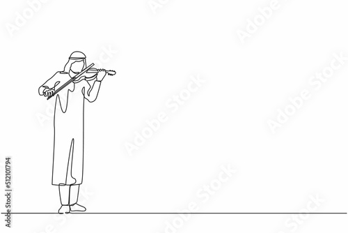 Single one line drawing Arabian man musician playing violin. Classical music performer with musical instrument. Male musician playing violin. Continuous line draw design graphic vector illustration