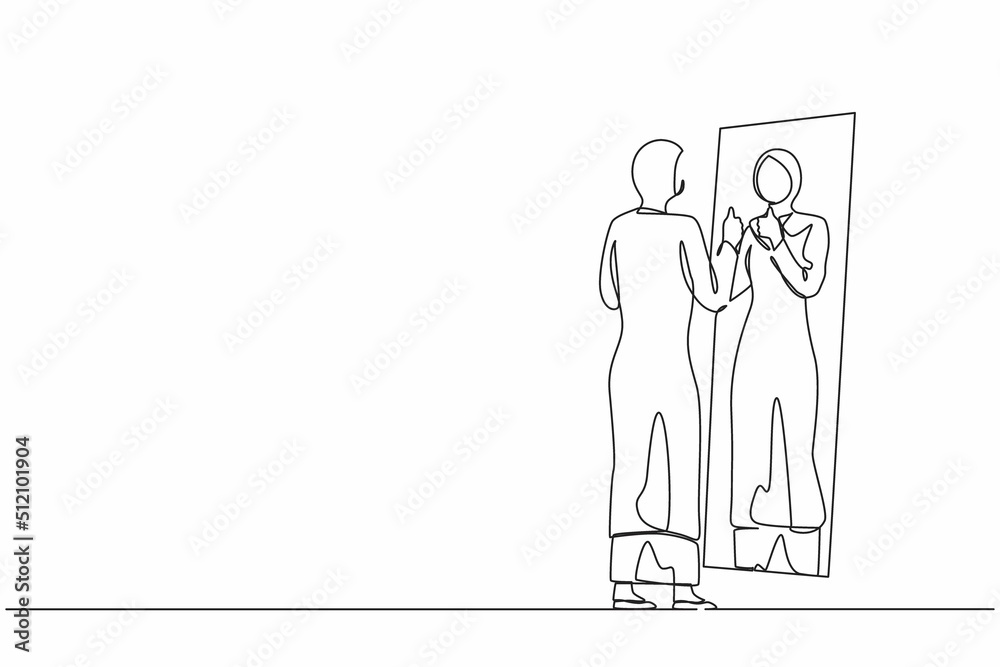 Single continuous line drawing Arab businesswoman loves to look at her reflection in mirror with thumbs up pose. Woman in mirror, egoistic, attractive confidence. One line draw graphic design vector Single continuous line drawing Arab businesswoman loves to look at her reflection in mirror with thumbs up pose. Woman in mirror, egoistic, attractive confidence. One line draw graphic design vector