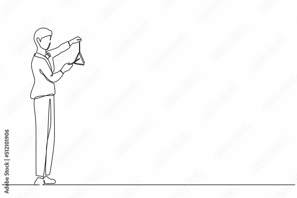 Continuous one line drawing male musician playing musical triangle. Classical music orchestra man artist with music instrument. Professional musician performs on stage. Single line draw design vector Continuous one line drawing male musician playing musical triangle. Classical music orchestra man artist with music instrument. Professional musician performs on stage. Single line draw design vector