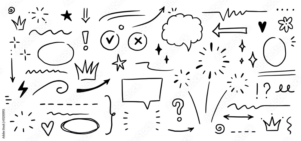 Sketch underline, emphasis, arrow shape set. Hand drawn brush stroke, highlight, speech bubble, underline, sparkle element. Vector illustration.