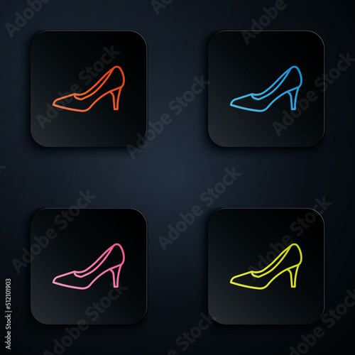 Color neon line Woman shoe with high heel icon isolated on black background. Set icons in square buttons. Vector