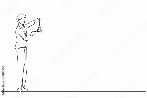 Continuous one line drawing male musician playing musical triangle. Classical music orchestra man artist with music instrument. Professional musician performs on stage. Single line draw design vector