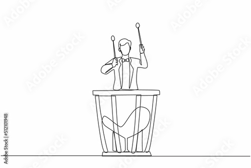 Single continuous line drawing male percussion player play on timpani. Man performer holding stick and playing musical instrument. Musical instrument timpani. One line draw design vector illustration