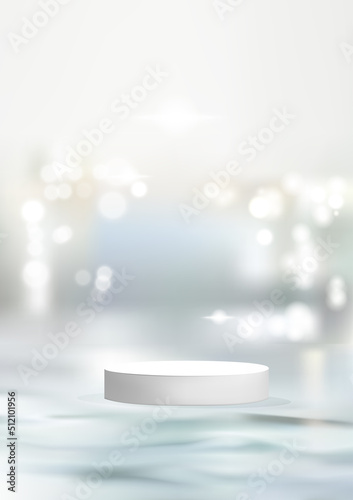 Cosmetic display product podium , white round cylinder podium on water reflect and bokeh background. vector illustration
