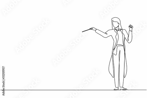Continuous one line drawing woman music orchestra conductor. Female musician in tuxedo suit with arm gestures. Expressive conductor directs orchestra during performance. Single line draw design vector