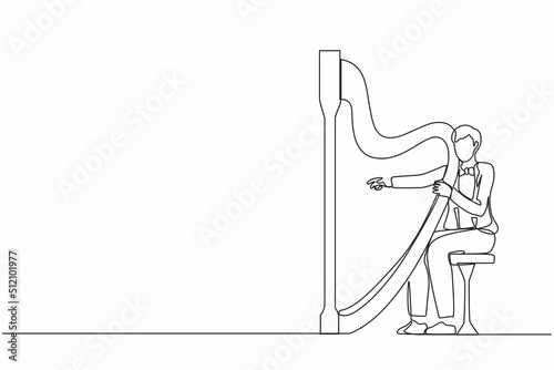 Single one line drawing man musician playing harp. Classical music performer character with musical instrument. Male sitting and playing harp. Continuous line draw design graphic vector illustration