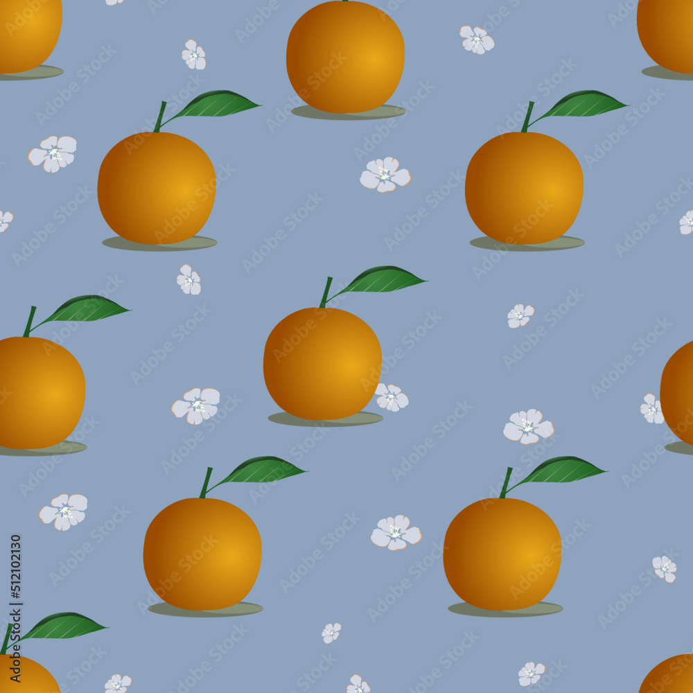 Background vector art. seamless background with orange fruit has local green leaves and white flowers on light blue background. Design for carpet, wallpaper, clothing, wrapping, fabric,textile Background vector art. seamless background with orange fruit has local green leaves and white flowers on light blue background. Design for carpet, wallpaper, clothing, wrapping, fabric,textile