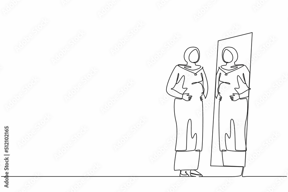 Single one line drawing Arabian businesswoman standing in front of mirror and see herself getting big belly with holding her stomach. Oversized and obesity. Continuous line draw design graphic vector