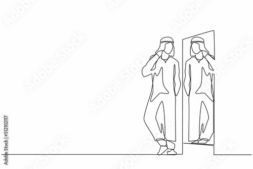 Single one line drawing Arab businessman choosing Arabian clothes for business meeting. Man trying on clothes. Guy with style. Mirror with male reflection. Continuous line draw design graphic vector