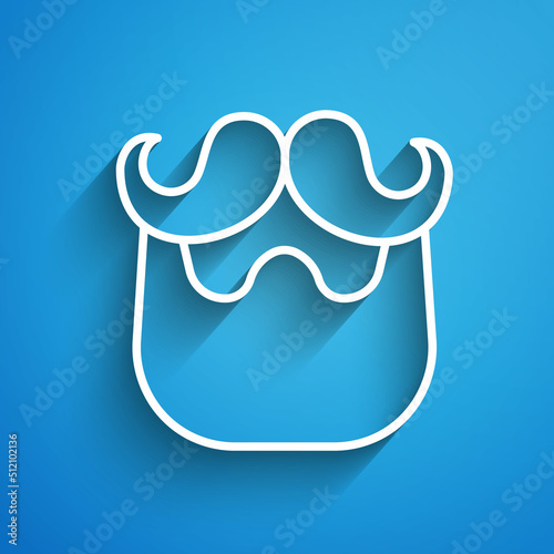 White line Mustache and beard icon isolated on blue background. Barbershop symbol. Facial hair style. Long shadow. Vector