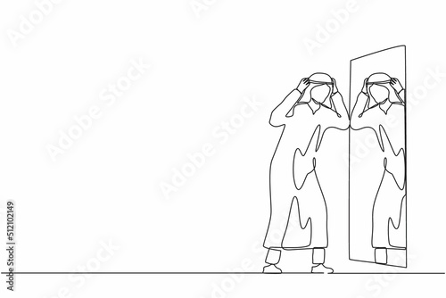Continuous one line drawing frustrated Arab businessman see himself failure in mirror. Mental health problems. Anxiety and lack of self confidence. Single line draw design vector graphic illustration