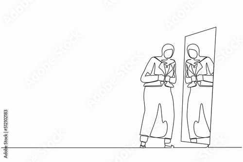 Single continuous line drawing beautiful Arabian businesswoman looking at mirror, look at herself, adjusting her shirt button of formal wear hijab, prepare herself for working. One line design vector