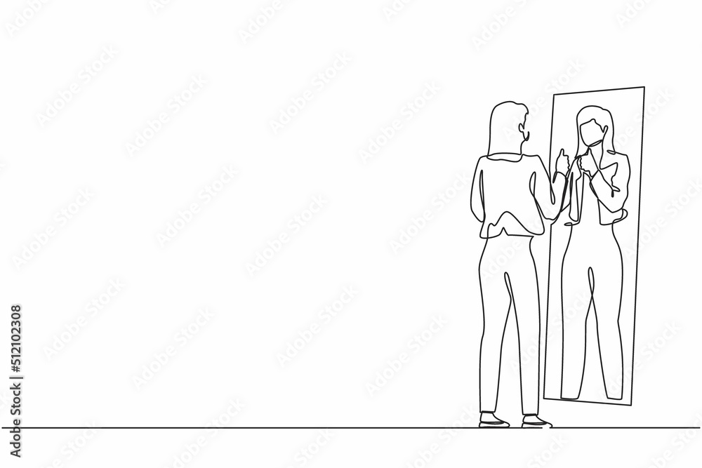 Single continuous line drawing businesswoman loves to look at her reflection in mirror with thumbs up pose. Woman in mirror reflection, egoistic, attractive confidence. One line graphic design vector