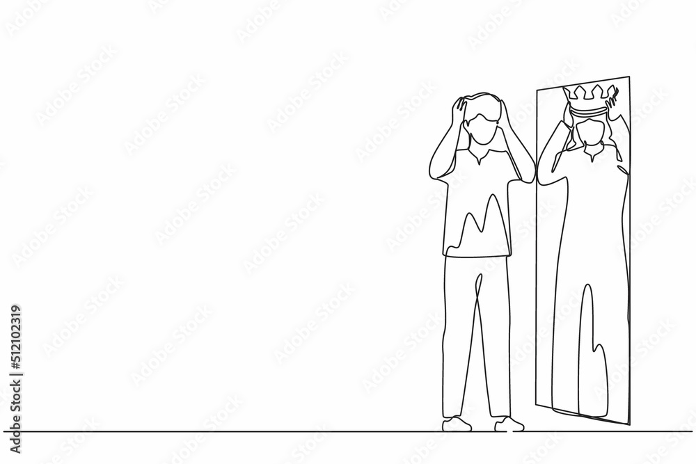 Continuous one line drawing narcissistic Arabian businessman looking at mirror, seeing in reflection of himself with crown on his head. Person overestimate, self confidence. Single line design vector Continuous one line drawing narcissistic Arabian businessman looking at mirror, seeing in reflection of himself with crown on his head. Person overestimate, self confidence. Single line design vector
