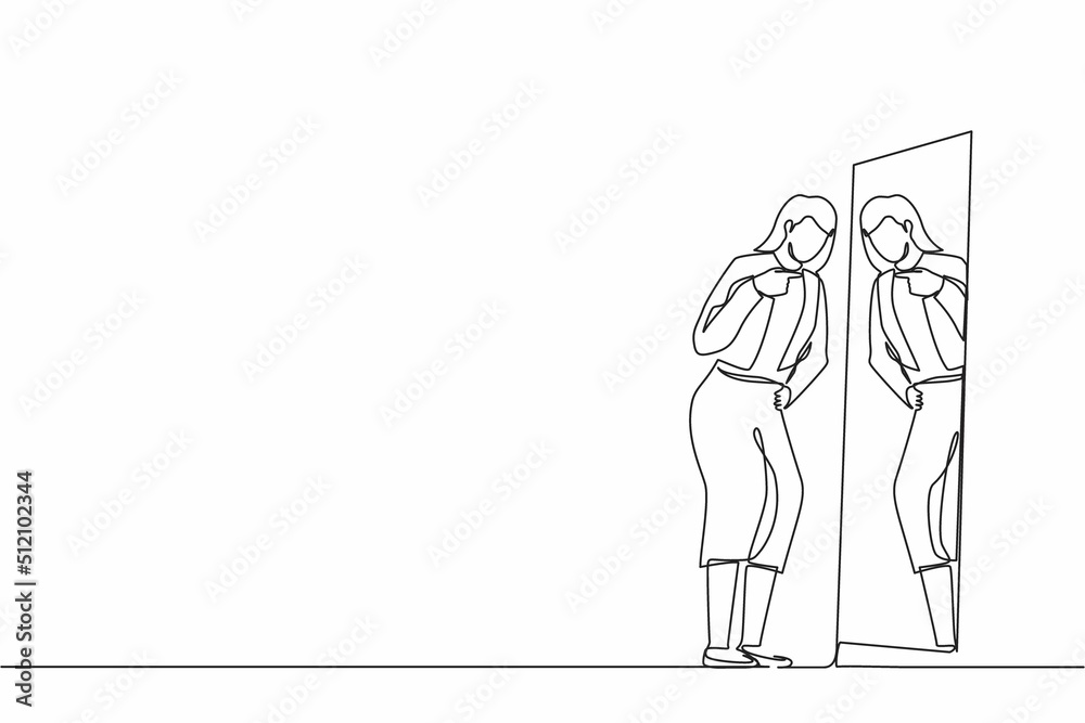 Continuous one line drawing angry businesswoman fight with mirror reflection. Furious girl have inner conflict, mental health problems. Suffering from abuse, self-violence. Single line design vector