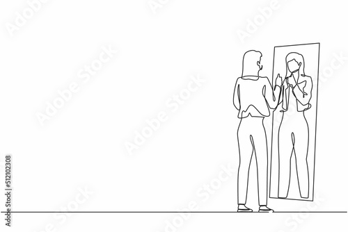 Single continuous line drawing businesswoman loves to look at her reflection in mirror with thumbs up pose. Woman in mirror reflection  egoistic  attractive confidence. One line graphic design vector
