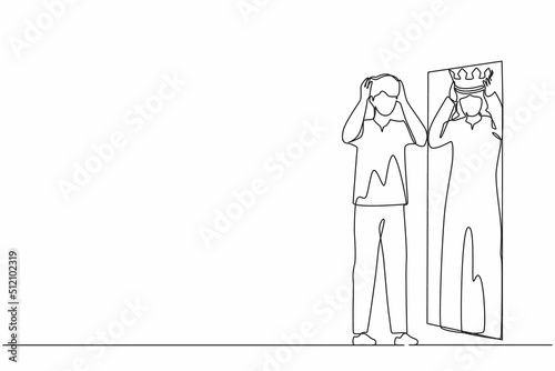 Continuous one line drawing narcissistic Arabian businessman looking at mirror, seeing in reflection of himself with crown on his head. Person overestimate, self confidence. Single line design vector