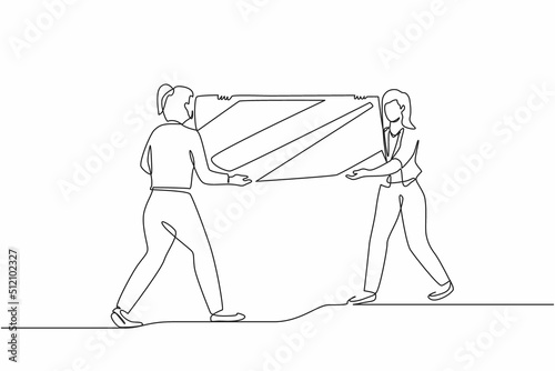 Single continuous line drawing female loaders carrying big mirror to new office. Two businesswomen with furniture in building hall. Moving to new apartment, delivery. One line graphic design vector