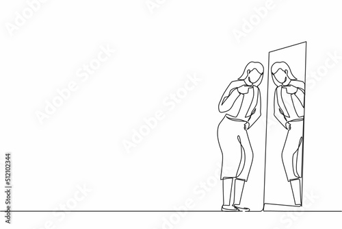 Continuous one line drawing angry businesswoman fight with mirror reflection. Furious girl have inner conflict, mental health problems. Suffering from abuse, self-violence. Single line design vector