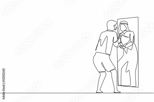 Single one line drawing Arab businessman looking himself. Male in front of mirror, optimism, positive, self confidence. Reflection reward with trophy cup, winner. Continuous line design graphic vector