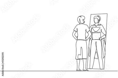 Single one line drawing businesswoman looking at reflection in mirror and seeing super hero standing. Leadership, ambition and self confidence. Continuous line draw design graphic vector illustration