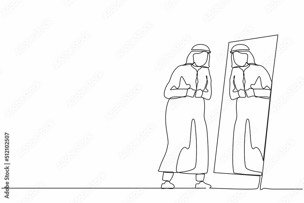 Single continuous line drawing Arab businessman looking at mirror, look at himself, adjusting his Arabian clothes button of formal wear, prepare himself for working. One line graphic design vector Single continuous line drawing Arab businessman looking at mirror, look at himself, adjusting his Arabian clothes button of formal wear, prepare himself for working. One line graphic design vector