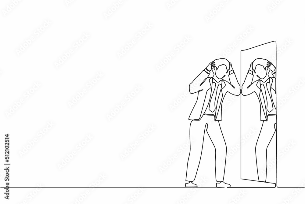 Single one line drawing frustrated businessman see himself failure in mirror. Mental health problems. Anxiety and lack of self confidence. Continuous line draw design graphic vector illustration