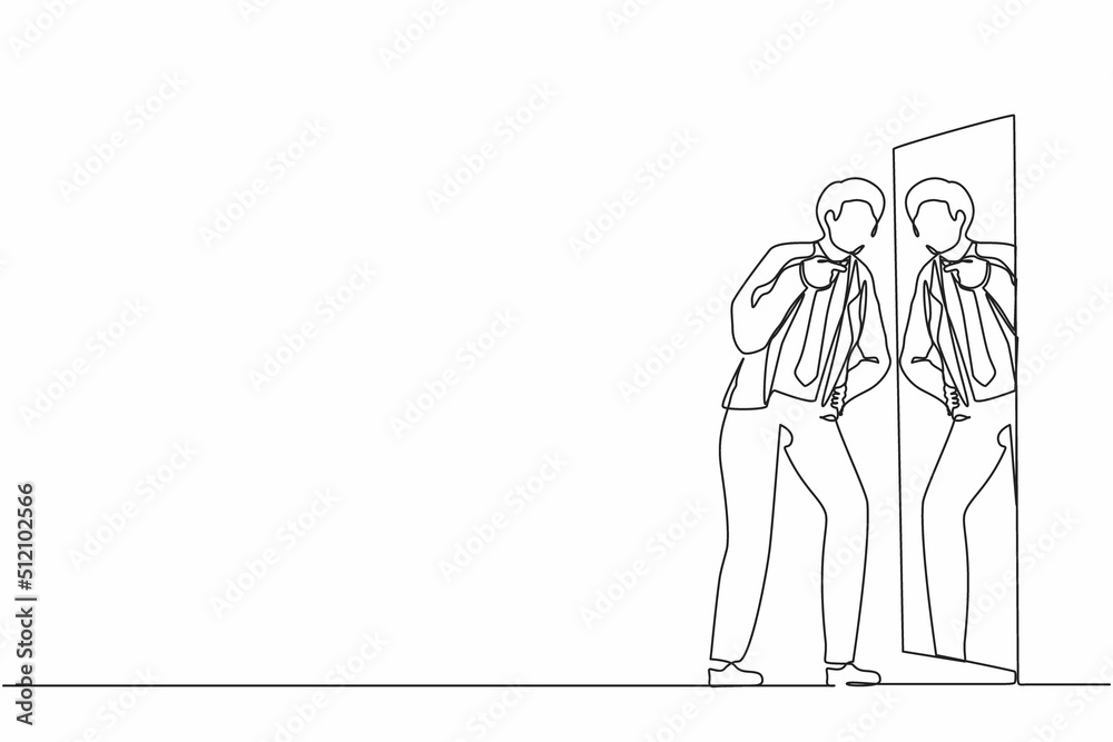 Continuous one line drawing angry businessman fight with mirror reflection. Furious guy have inner conflict, mental health problems. Suffering from abuse, self-violence. Single line draw design vector