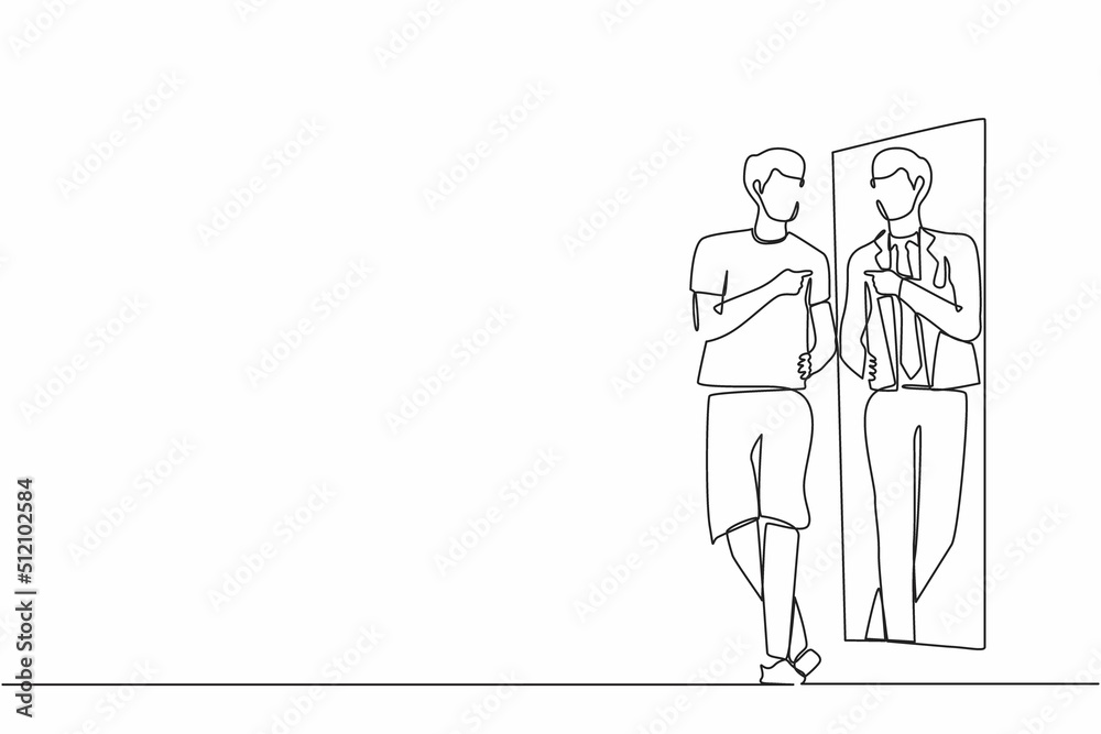 Continuous one line drawing man looking in big mirror see himself as successful businessman wearing expensive suit. Poor man dream to become wealthy businessman. Single line draw design vector graphic
