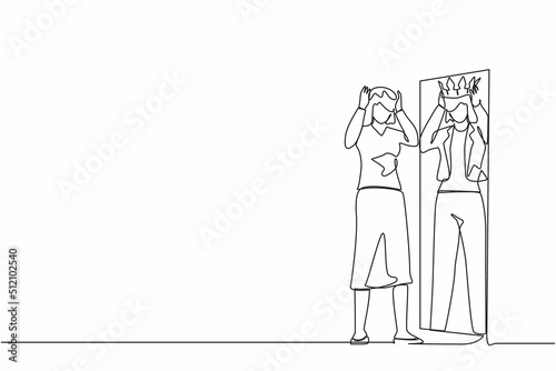 Continuous one line drawing narcissistic businesswoman looking at mirror and seeing in reflection of herself with crown on her head. Person overestimate  self confidence. Single line design vector
