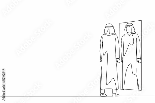 Single one line drawing Arab businessman looks himself in the mirror. Clerk or manager looking at his reflection in mirror and evaluating his attire. Continuous line design graphic vector illustration