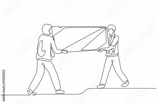 Continuous one line drawing male loaders carrying big mirror to new office. Two businessmen with furniture in building hall. Moving to new apartment, delivery concept. Single line draw design vector