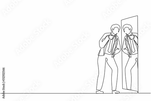Continuous one line drawing angry businessman fight with mirror reflection. Furious guy have inner conflict, mental health problems. Suffering from abuse, self-violence. Single line draw design vector