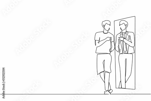 Continuous one line drawing man looking in big mirror see himself as successful businessman wearing expensive suit. Poor man dream to become wealthy businessman. Single line draw design vector graphic