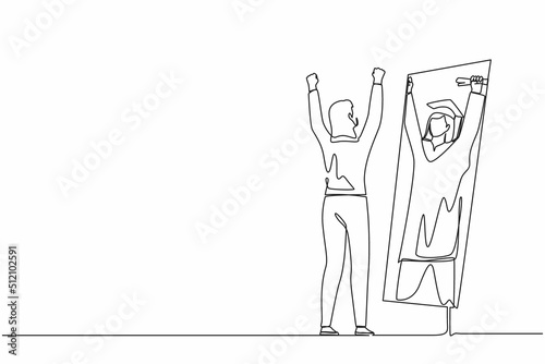 Continuous one line drawing businesswoman standing in front of mirror looking her reflection, imagine herself graduation student with diploma. Successful future in mirror. Single line design vector