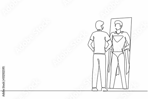 Single continuous line drawing businessman looking at reflection in mirror and seeing super hero standing. Leadership, ambition and self confidence. One line draw graphic design vector illustration