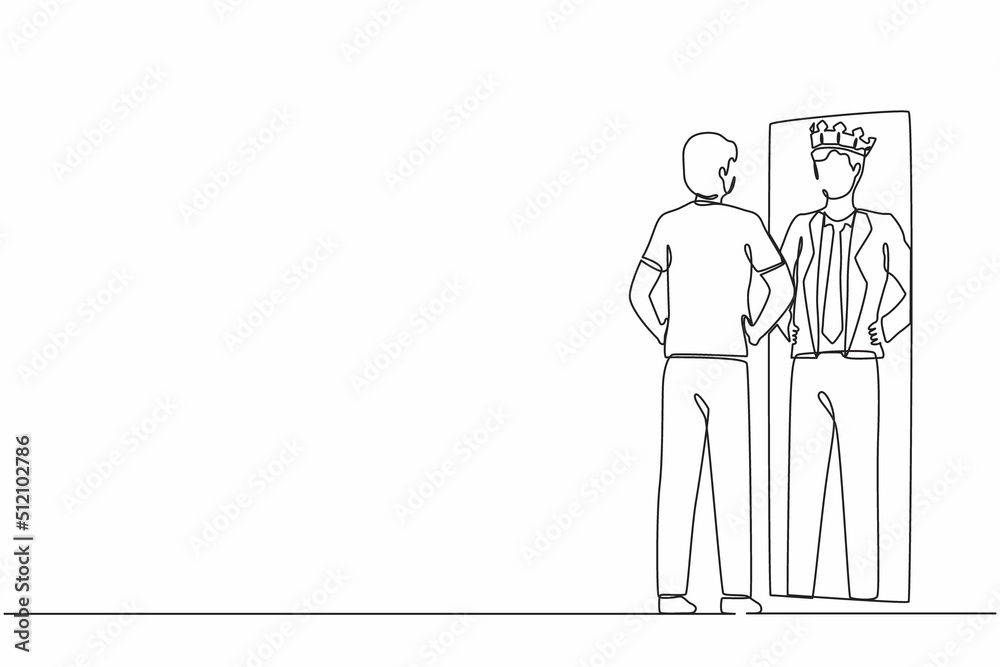Single continuous line drawing narcissistic businessman looking at mirror and seeing in reflection of himself with crown on his head. Self confidence, motivation. One line design vector illustration Single continuous line drawing narcissistic businessman looking at mirror and seeing in reflection of himself with crown on his head. Self confidence, motivation. One line design vector illustration