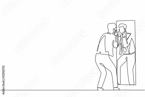 Single continuous line drawing businessman holding his face on reflection mirror. Man applying lotion on stubble after-shaving or trimming  looking at mirror. One line draw design vector illustration